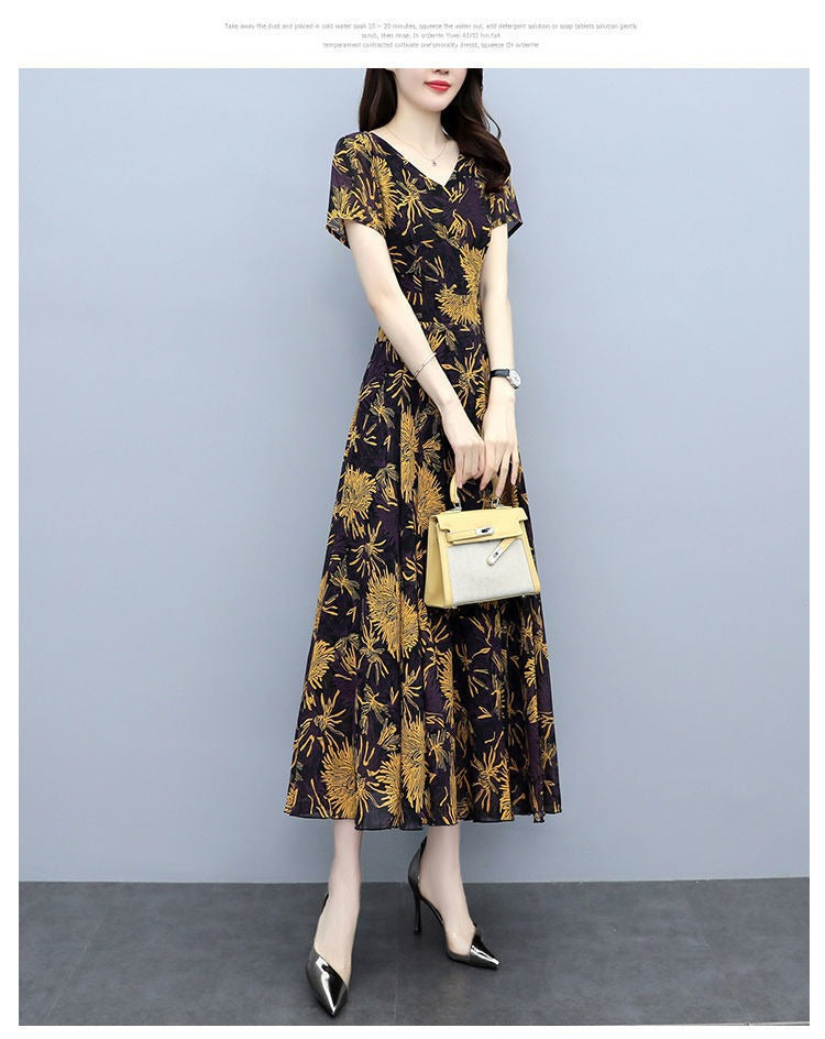 2022Summer New Chiffon Floral Dress Slimming Waist Plus Size Women mm Tummy-Covering Elegant Long Dress