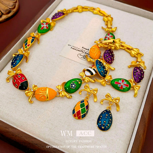 Medieval vintage Water Drop Flower Bow Necklace Palace Style Diamond Inlaid Oil Drop Collarbone Chain High-end Jewelry