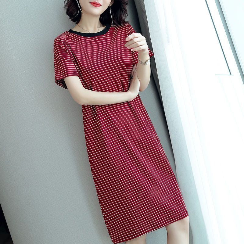 Summer Waist-Cinching Dress Plus Size Middle-Aged and Elderly Mom Outfit Mid-Length Striped Short Sleeve T Women's T-shirt Skirt Cross-Border Wholesale