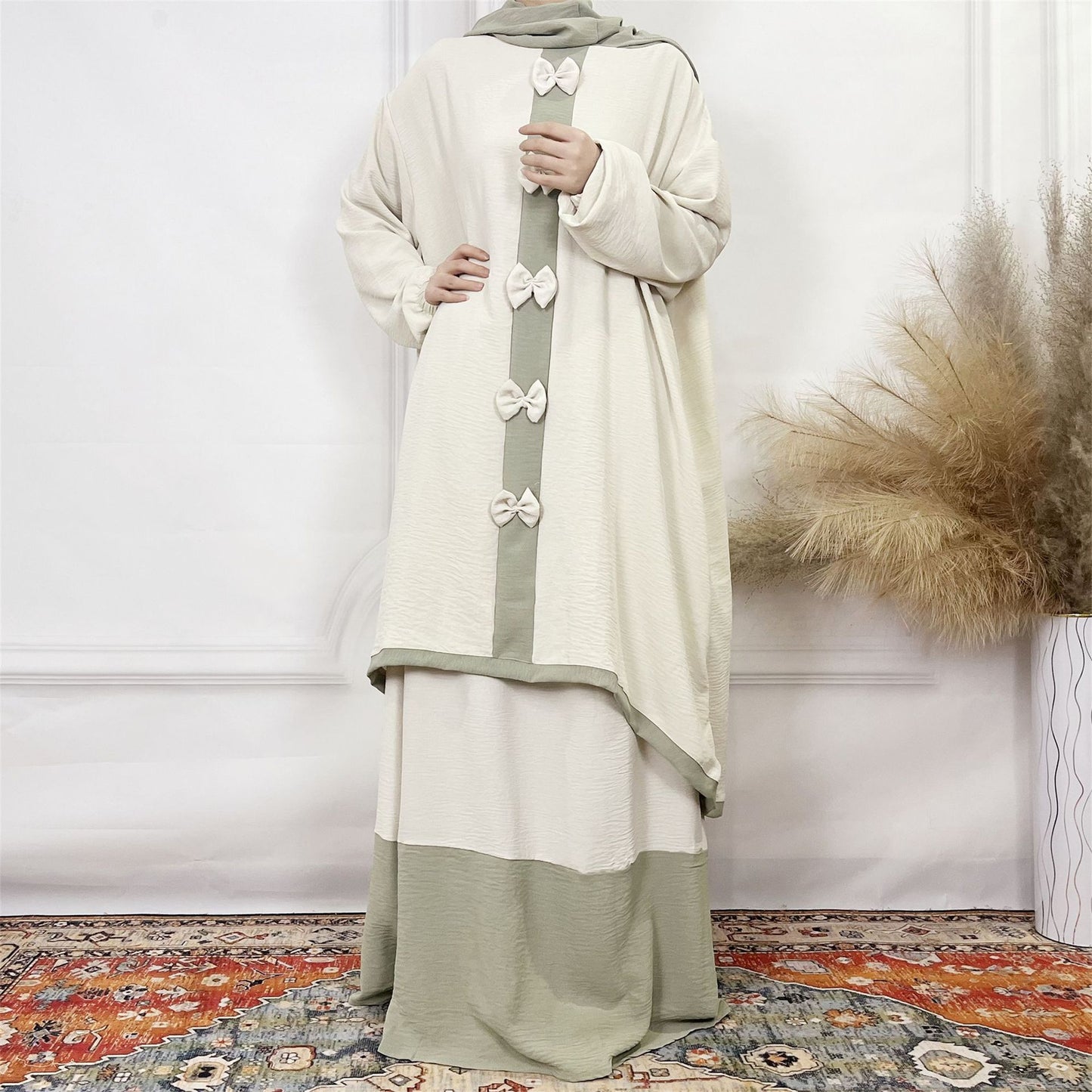 2024Aliexpress Muslims Fashion Women's Two-Piece Set with Bowknot, Solid Color Double-Layer Hat and Robe Set