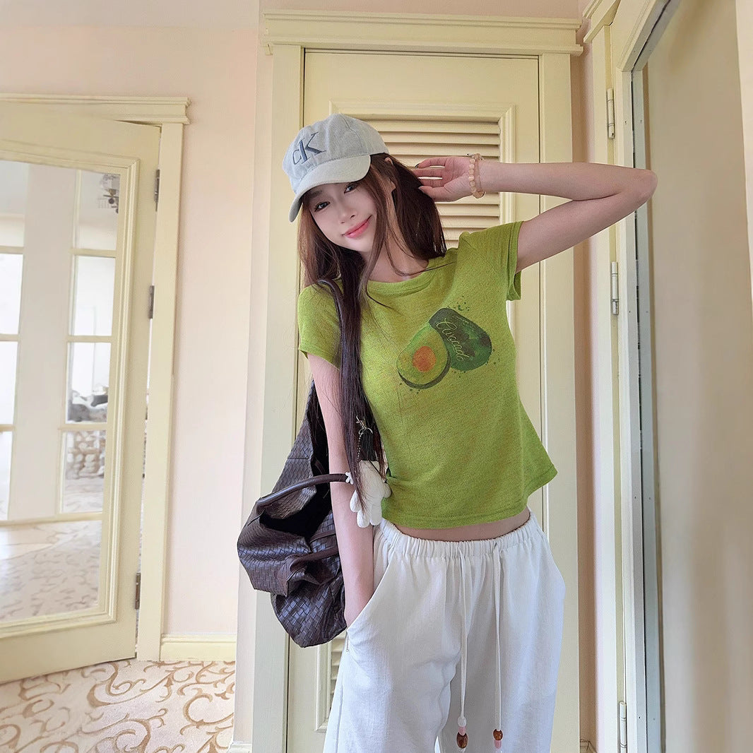 Korean Style chic Unique Youthful Dopamine Print Short Sleeve Slim Fit Round Neck Regular Shoulder Top T Women's Summer T-shirt