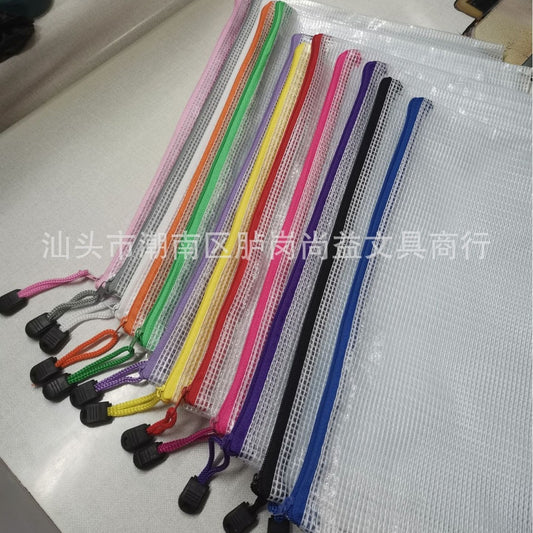 Cross-border Direct Supply Thickened PVC Plastic Zipper File Bag a4Transparent Student Exam Paper Waterproof Grid File Bag