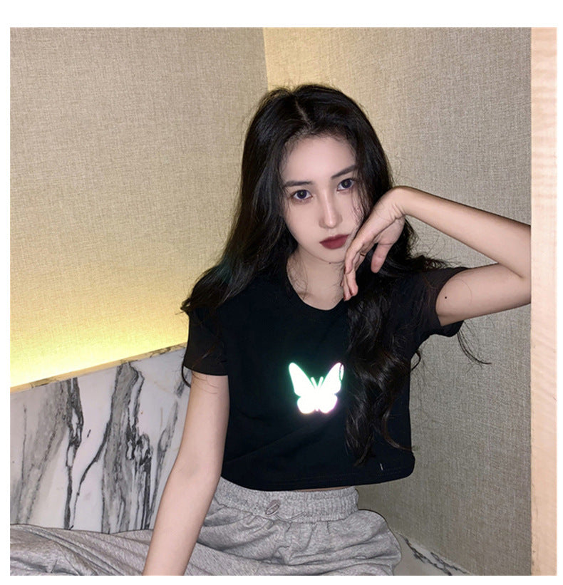 Summer2025New Year's Trendy Internet Celebrity Couple Outfit Reflective Butterfly Short Sleeve t Women's Summer T-shirt ins Super Popular Short Top