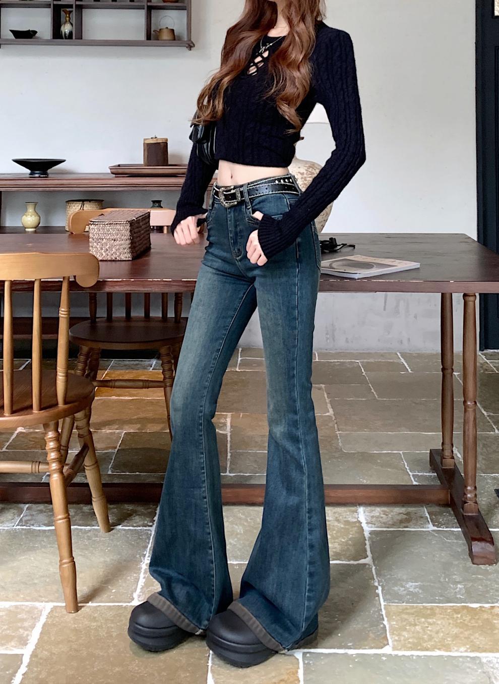 Washed Fleece-Lined Flared Jeans for Women, Autumn and Winter Vintage Slim High-Waisted Slimming Floor-Length Pants, Leg-Shaping