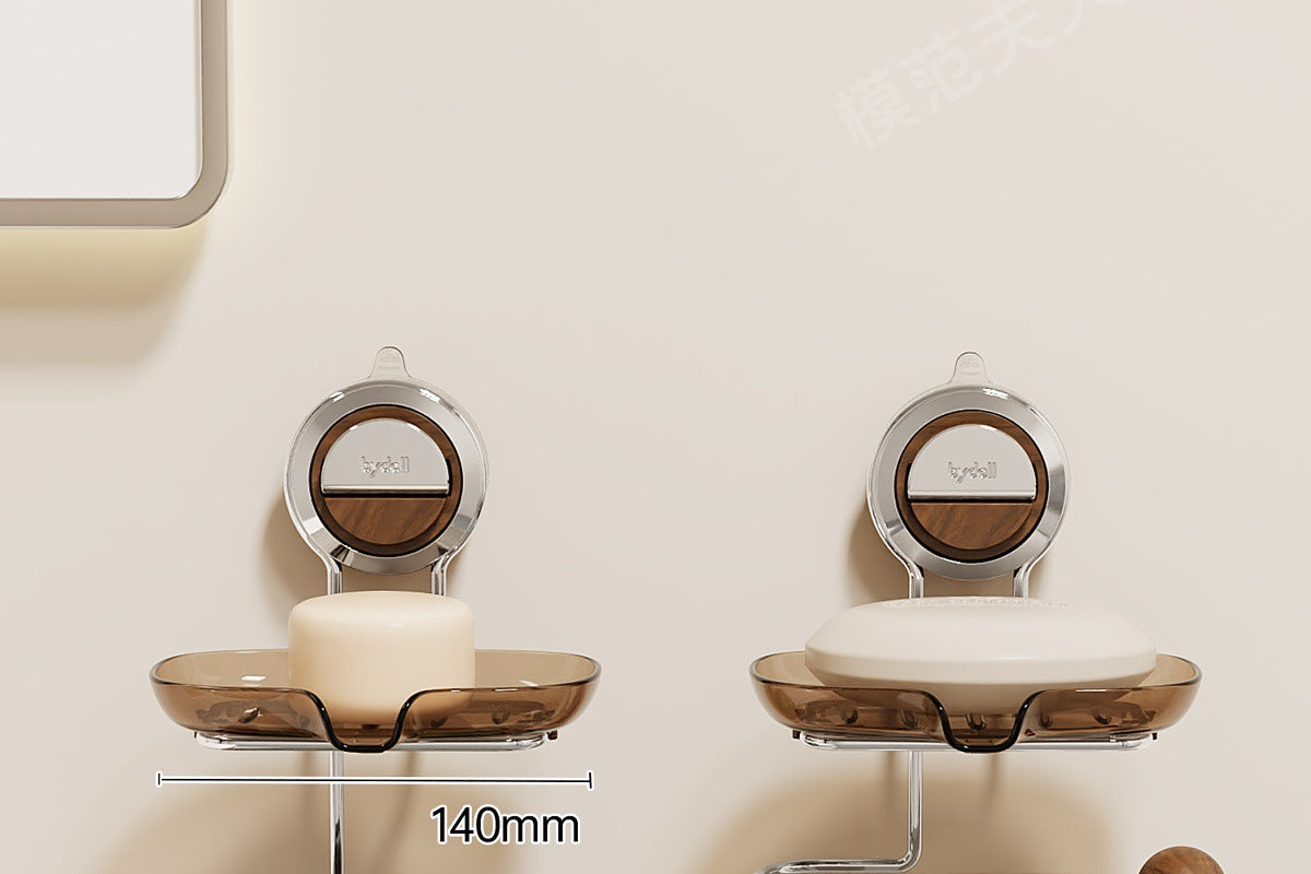 Walnut Wood Suction Cup Soap Holder Wall-Mounted Bathroom No-Drill Storage Rack Soap Box