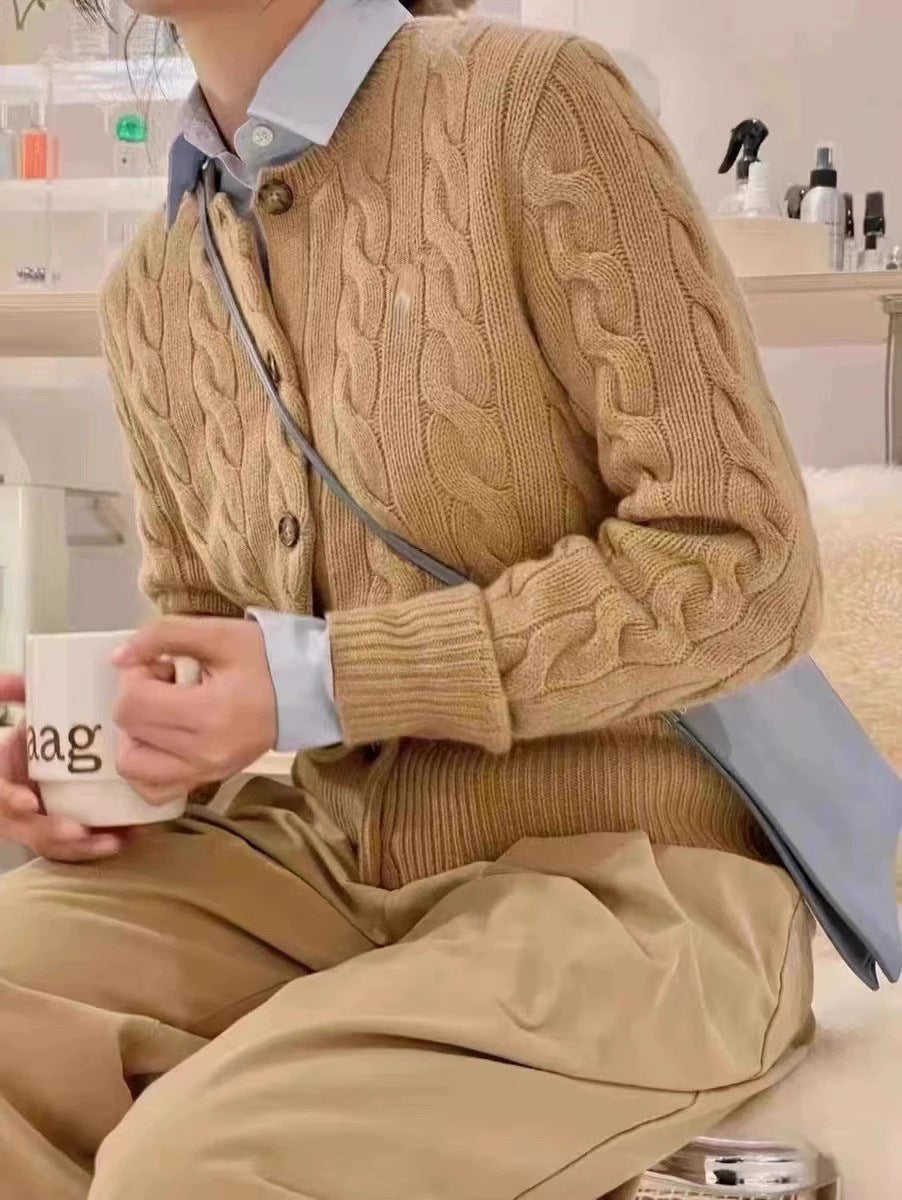 Counter Same Style Pony Embroidery Wool Cable Vintage Knitted Cardigan Women Autumn Winter Sweater Round Neck Thick Coat Top
