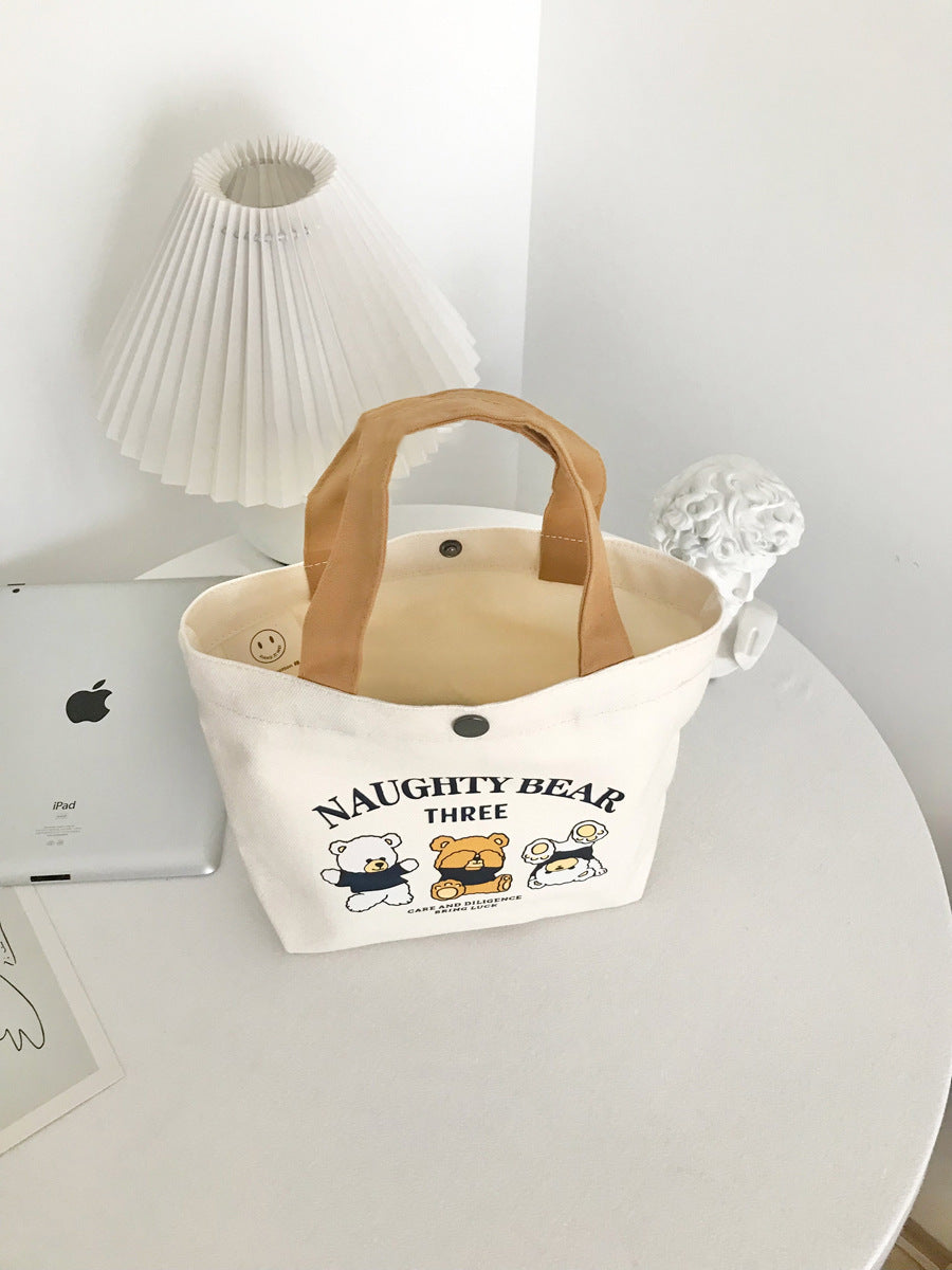 New Bear Canvas Bag for Female Students, Portable Small Handheld Lunch Bag, Tote Bag, Canvas Pouch, Gift Bag