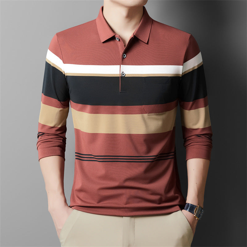 Autumn Men's Long Sleeve Cotton t Shirt for Middle-aged Dad Autumn Outfit with Turn-down Collar and Stripes POLO Base Layer Shirt T Grandpa's clothes