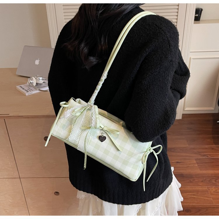 Dopamine Plaid Handbag Small Tote Bag for Women Summer2025New Ballet Style Bow Baguette Bag Underarm Bag Trendy