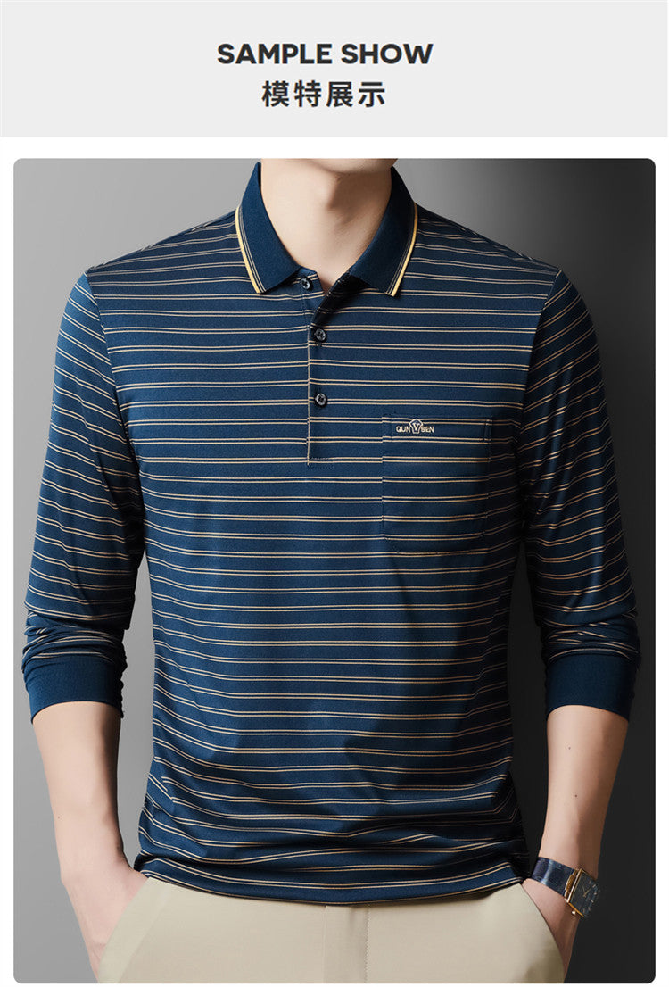 Autumn Men's Long Sleeve Cotton t Shirt for Middle-aged Dad Autumn Outfit with Turn-down Collar and Stripes POLO Base Layer Shirt T Grandpa's clothes