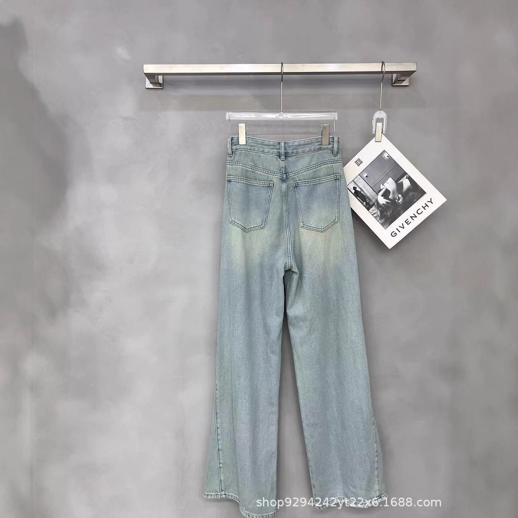 2025New Women's Light Blue Flared Pants Four Seasons Thin Straight Wide-Leg Floor-Length Pants Nanyou Casual Denim Trousers