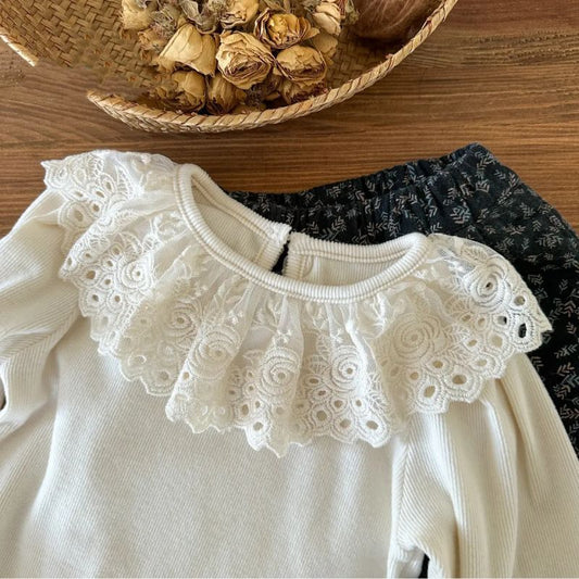 Sweet Little Girl's Base Shirt Autumn New Lace Trim Vertical Stripes Solid Color Top Baby Girl Elastic Long Sleeve