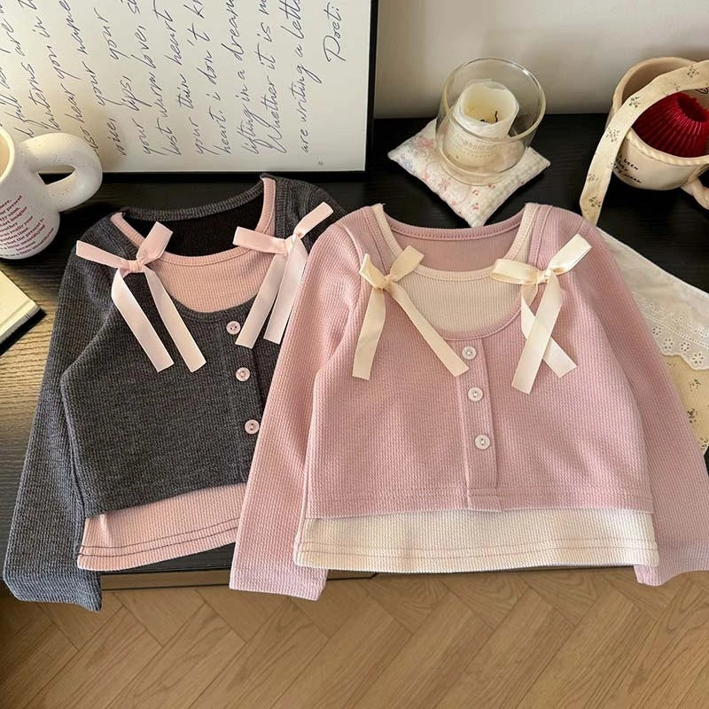 Sweet Little Girl's Sweet and Versatile Fake Two-Piece T Shirt Top25Spring New Korean Style Children's Fashionable Base Shirt