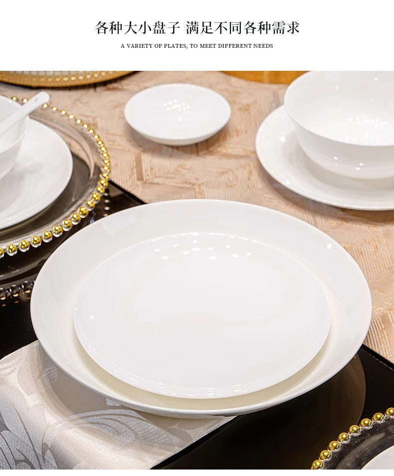 Tangshan Bone China Pure White Underglaze Color Bowl and Plate Set Household Combination Tableware Set Bowl Plate Dish Gift Box High Temperature Porcelain