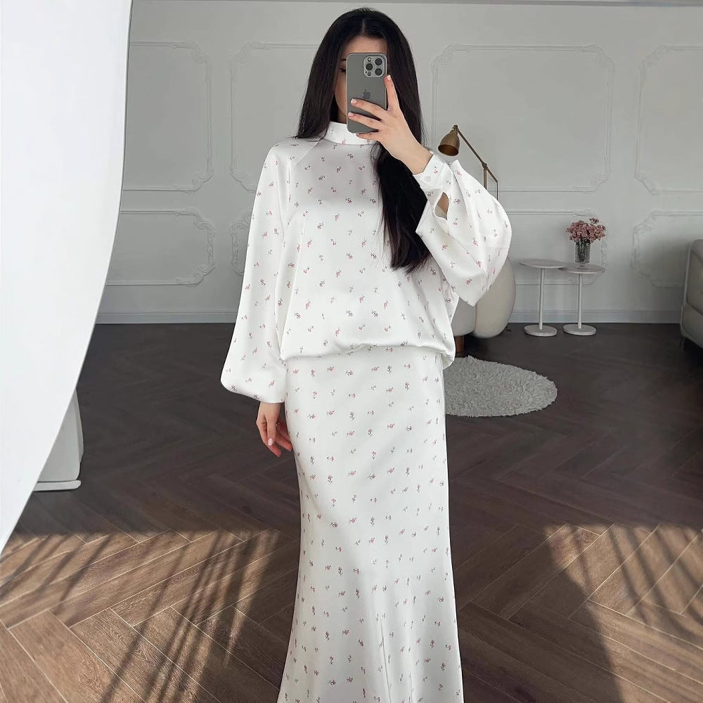 2025Autumn European and American Cross-Border New Loose Comfortable Elegant Shirt Sleeve Floral Top Half Skirt Set Women's Clothing