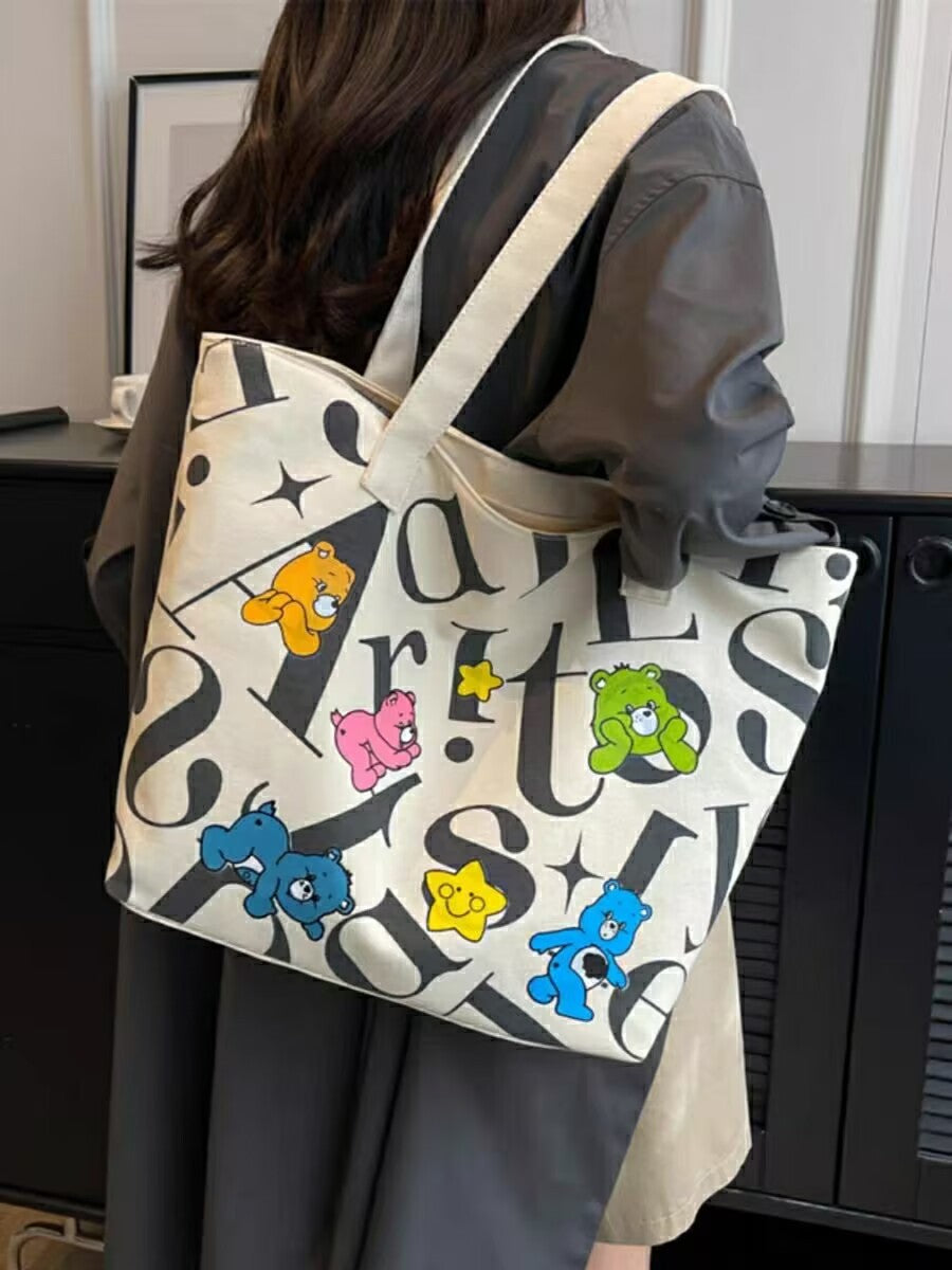 Student Canvas Bag for Women, Large Capacity Tote Commuter Bag, Versatile Printed Mommy Bag, Handheld Shoulder Bag, Shopping Bag for Women