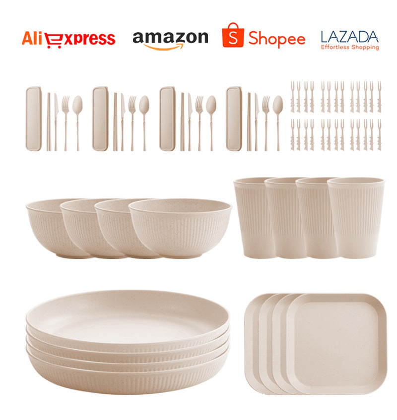 TEMU Amazon Wheat Straw Plate Bowl Cup Tableware Set Household Dining Plate Rice Bowl Water Cup Tableware Set Eco-friendly