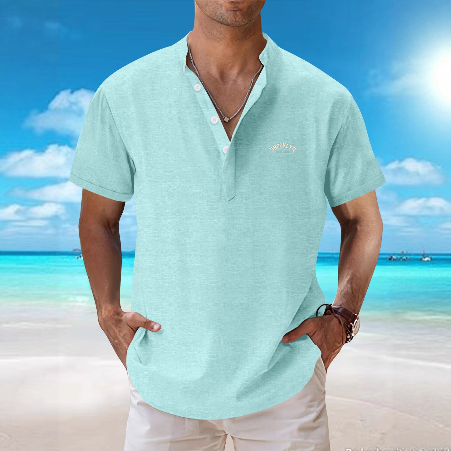 2025New retro loose textured woven shirt for men2025Summer New Stand Collar T Breathable Short Sleeve T-Shirt