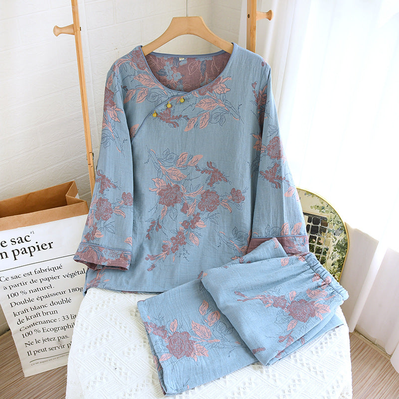 Women's Pearl Button Color Woven Jacquard National Style Pajamas Spring Four Seasons Thin Round Neck Pullover Homewear Set Suitable for Outerwear