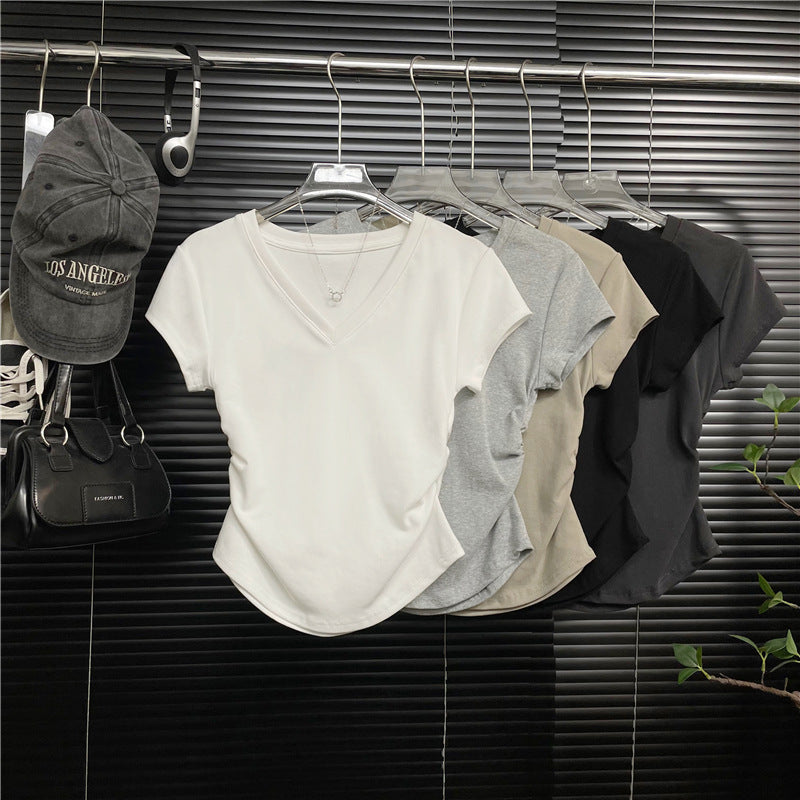 Summer round Neck V Collar Design Sense Ruched Waist Versatile Slimming Short Sleeve Regular Shoulder T T-shirt for Women Hot Girl Tight-fitting Not Wholesale