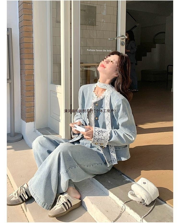 Lace patchwork denim wide-leg pants set for women spring and autumn2025The new two-piece set is absolutely stunning and super trendy