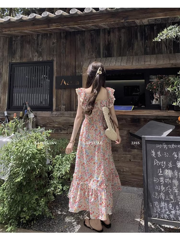 Floral Square Neck Slim Fit Women's Dress for Beach Vacation Casual Long Dress