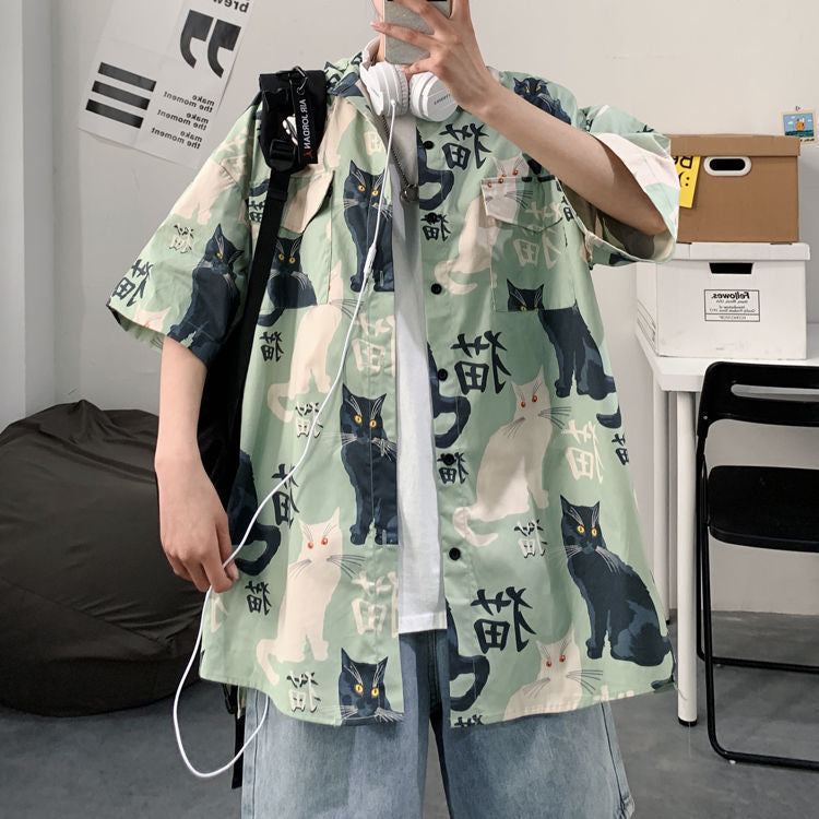 Summer Japanese Style Short Sleeve Shirt Men Half Sleeve Shirt Hong Kong Style Trendy Cat Print Student Loose Casual Shirt12