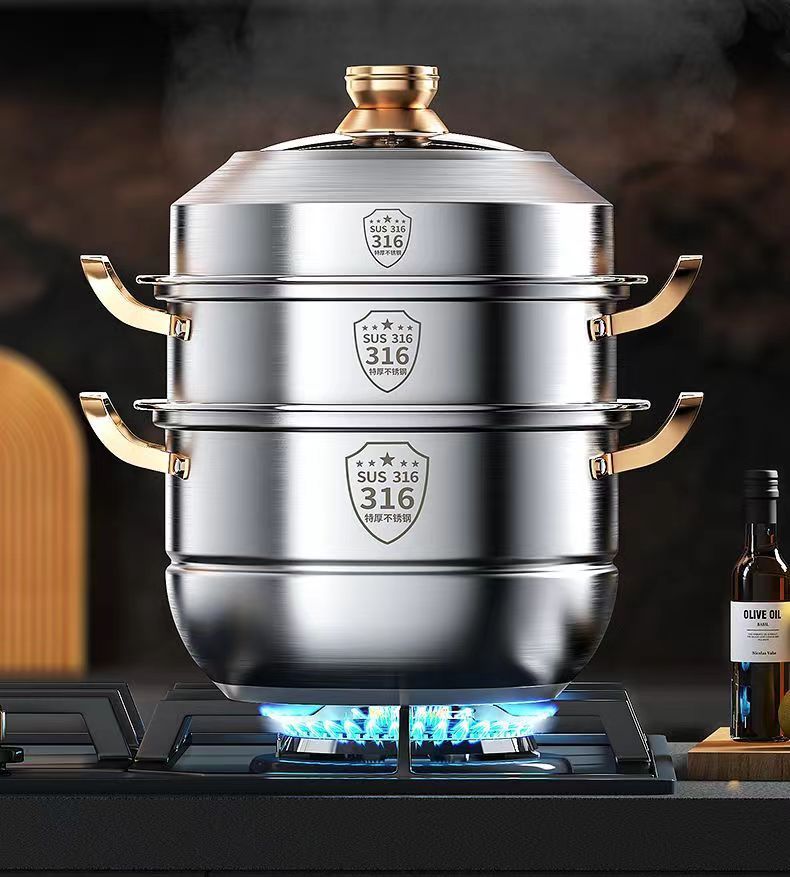 【Same Low Price】Steamer316Stainless Steel Household Food Grade304Thickened Soup Pot for Steaming Buns, Double Layer, Three or Four Layers, Compatible with Induction Cookers