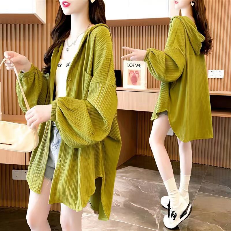 plus Size300White Long Sleeve Sun Protection Jacket for Women, Summer Versatile Mid-Length Loose Cardigan with Hood