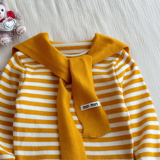 Girls' Striped Shawl Knitted Base Shirt for Outerwear, Autumn New Fashionable Color-Block Round Neck Long Sleeve T T shirt