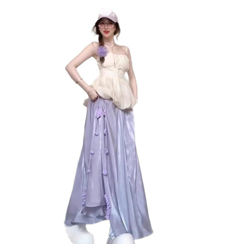 Pure Desire Sweet Spicy Girl Set for Women Summer Flower Bud Strap Top Outfit Purple Stunning Half Skirt Fashion Two-Piece Set