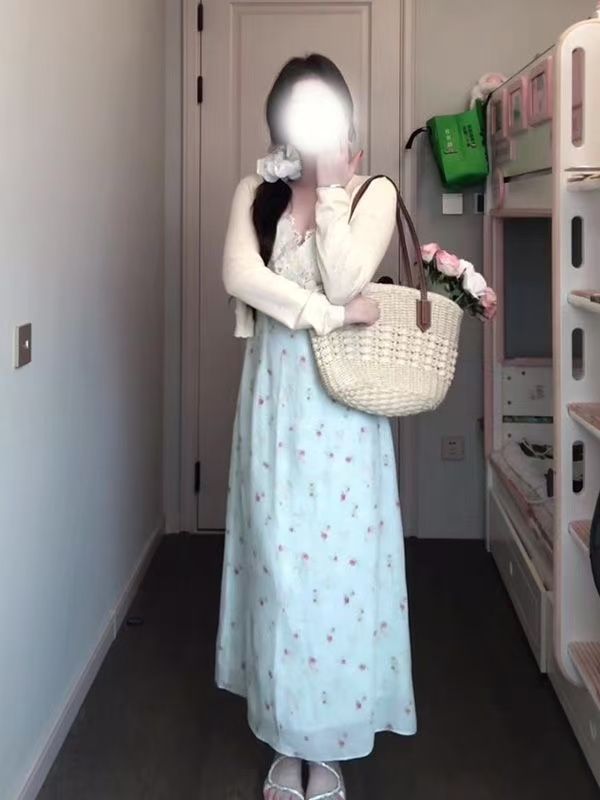 Fat mm Gentle Style Floral Strap Dress Plus Size Set for Women Spring Summer Long Sleeve Cardigan Lace Patchwork Waist-Cinching Long Dress