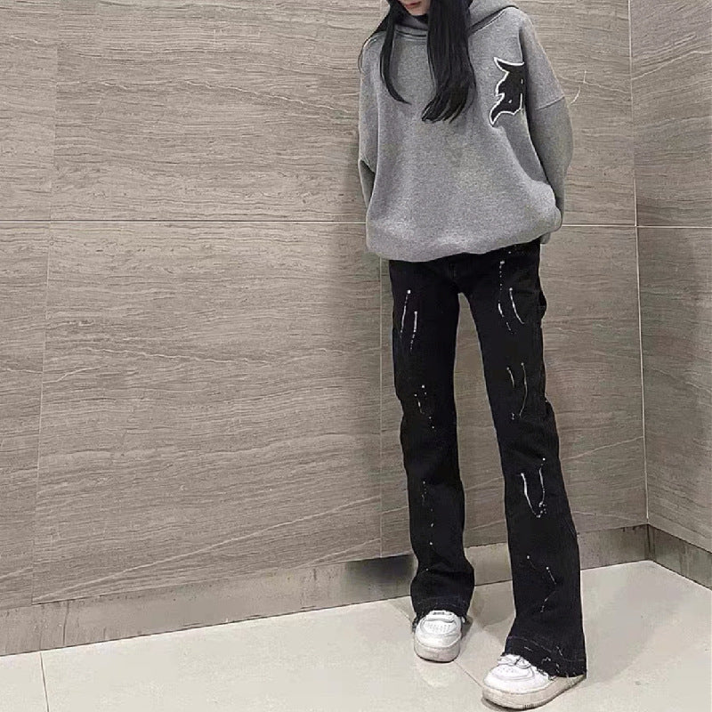 2023New Graffiti Ink Splash Damage Dept Casual Retro Niche vibo High Street Men's and Women's Flared Jeans