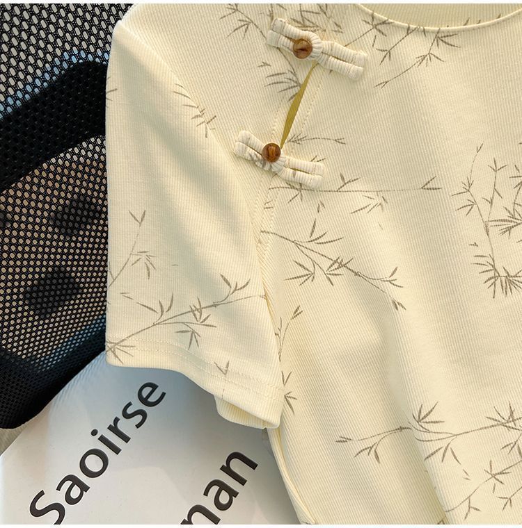 New Chinese Style National Style Button Short Sleeve t Women's Summer T-shirt2024New Women's Loose Slimming Plus Size Round Neck Top