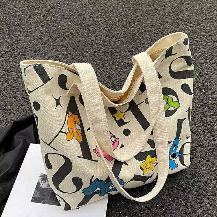 Student Canvas Bag for Women, Large Capacity Tote Commuter Bag, Versatile Printed Mommy Bag, Handheld Shoulder Bag, Shopping Bag for Women