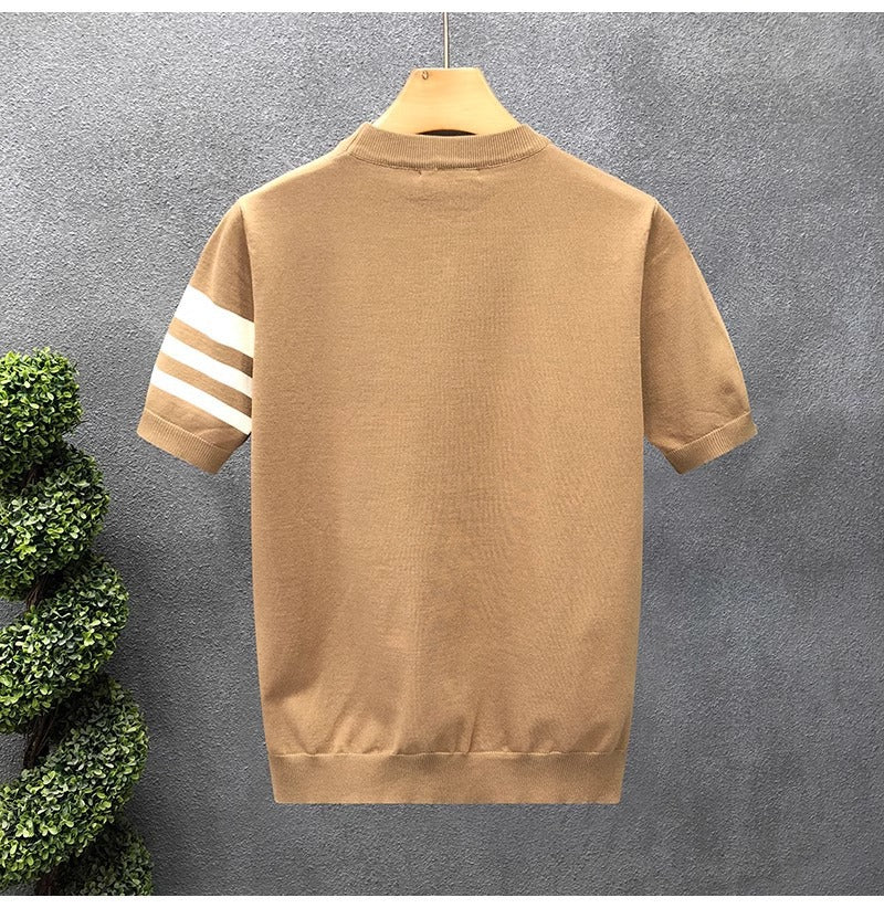 2025New Short Sleeve Knitted Shirt for Men, Striped, Simple, High-End Business, Mature, Slim Fit, Ice Silk T Men's Shirt