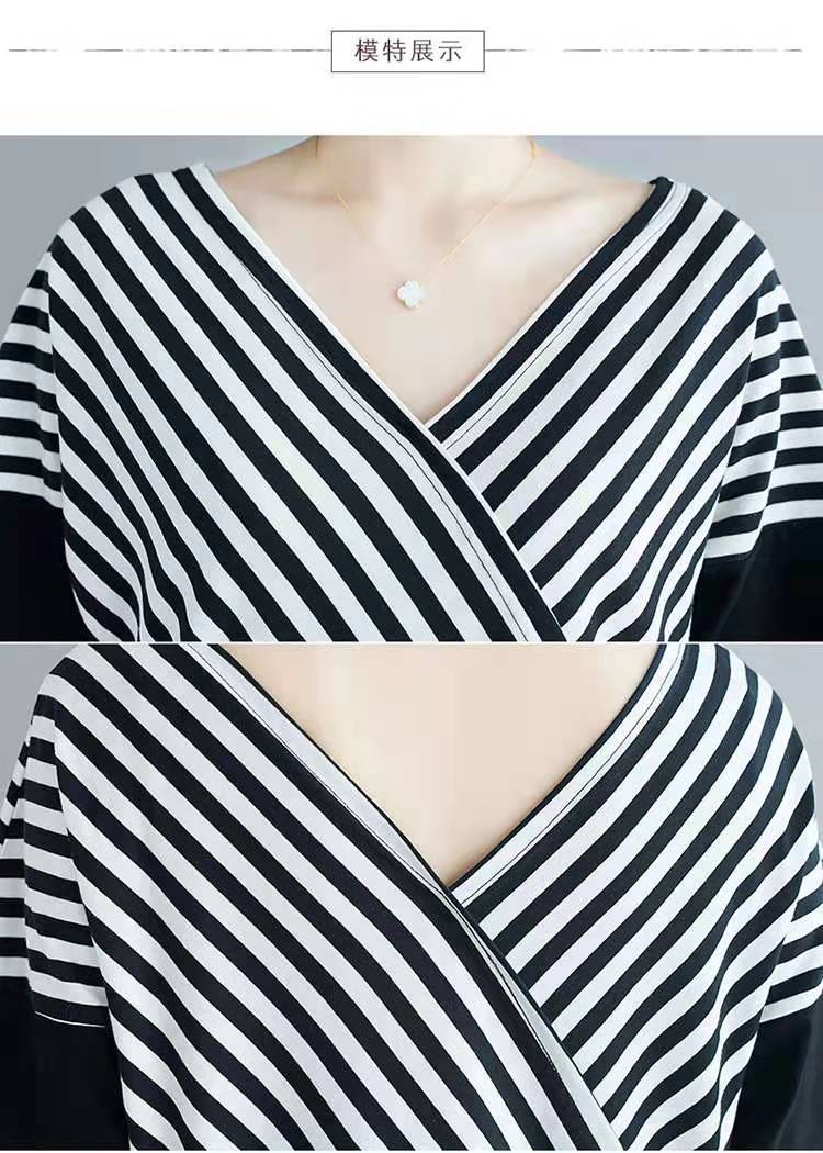 Korean Style Mid-Length Short-Sleeve Striped Patchwork Skirt, Belly-Covering, Slimming, Plus Size, Loose-Fit, Casual V Women's Trendy Collared Dress