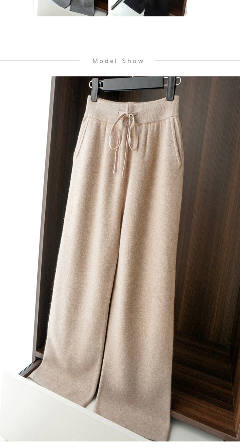Autumn Winter Thickened Knitted Full Wool Wide-Leg Pants for Women Casual Cashmere High-Waist Draped Loose Straight-Leg Floor-Length Pants