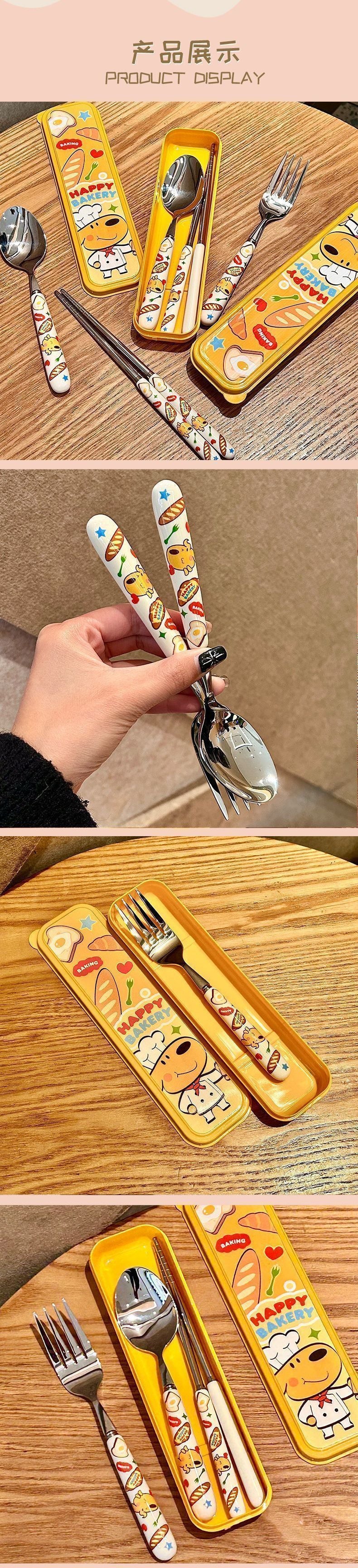 Student Dormitory Home Cute Bread Dog Tableware Set Spoon Fork Three-piece Portable Kitchen Supplies Cartoon Creative