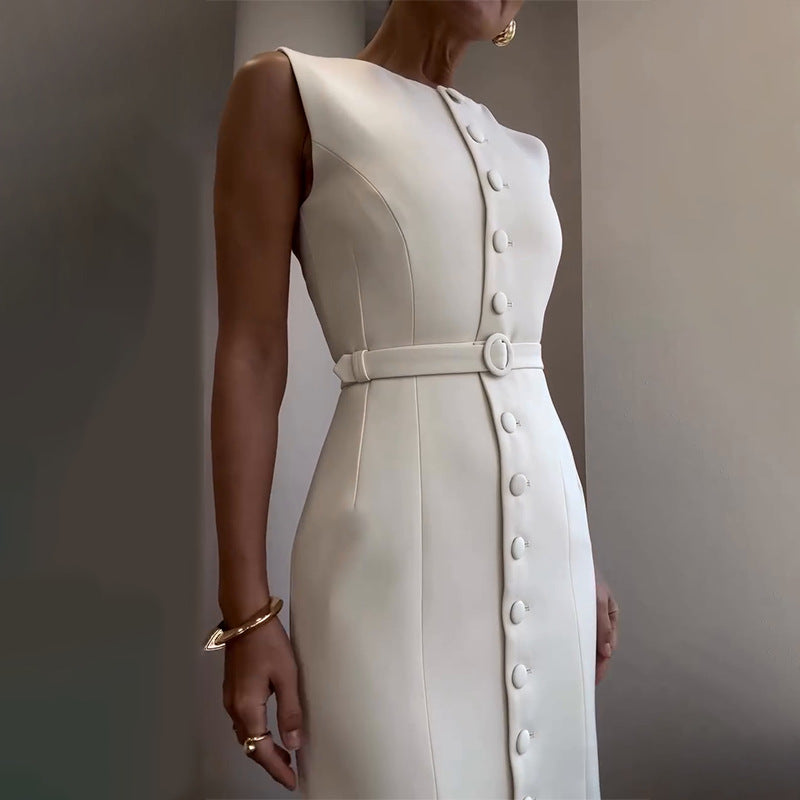 2025Summer New European and American Amazon Cross-Border Women's Solid Color Round Neck Sleeveless Single-Breasted Multi-Button Elegant Dress