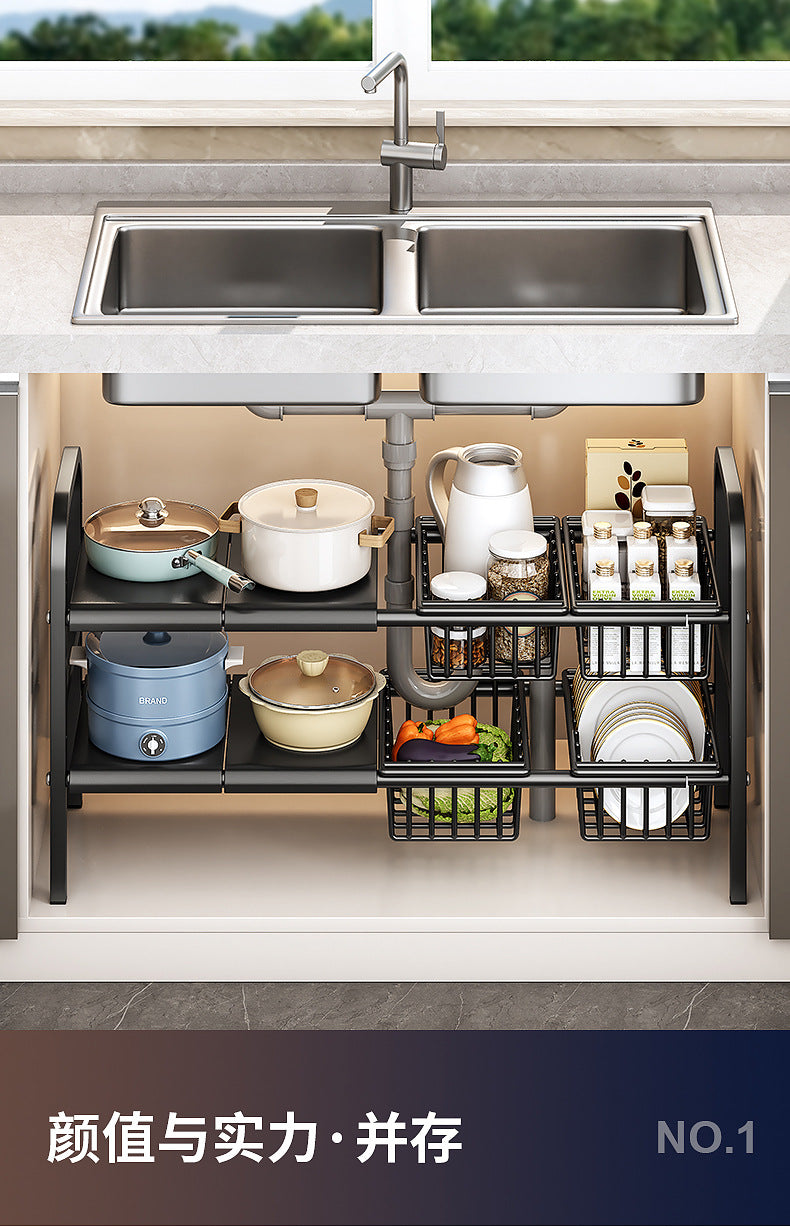 Carbon Steel Hot-Selling Telescopic Sink Storage Rack Cabinet Layered Organizer Wash Basin Kitchen Storage Dropshipping