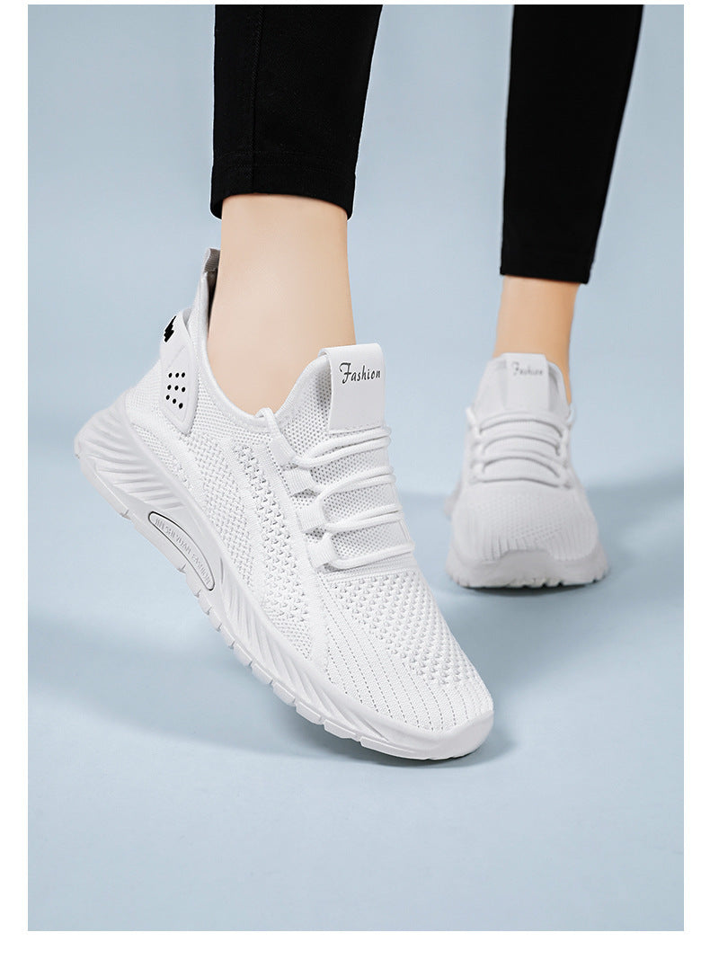 White Flyknit Soft Sole Running Shoes for Women, Summer New Versatile Lightweight Sneakers, Breathable Casual Sports Shoes