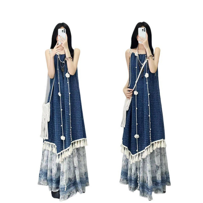 Vintage Design Summer Denim New Tassel Strap Dress for Female Students Hollow Out Sunscreen Cardigan Two-Piece Set