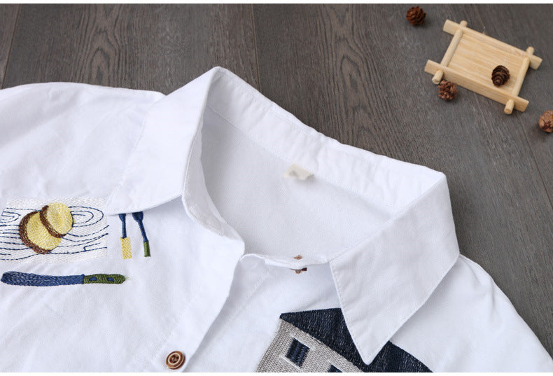In Stock Japanese and Korean Style Spring Summer Two-Way Cotton Shirt for Women Loose Mid-Length Top Artistic Embroidery Short Sleeve Jacket