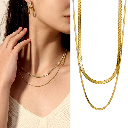 Double Layer Stacked Snake Bone Chain Set Stainless Steel Chain Vacuum Plating18K Gold ins European and American Style Cross-Border Necklace