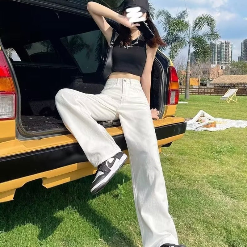 High Waist Loose Slimming Draped Floor-Length White Straight-Leg Jeans for Women Summer New Basic Wide-Leg Pants Trendy