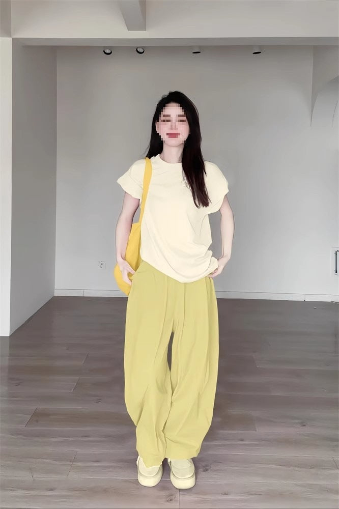 Summer Dopamine Full Set Shirt Wide-Leg Pants Two-Piece Set Lazy Style Fashion Casual Thin Suit for Petite Women