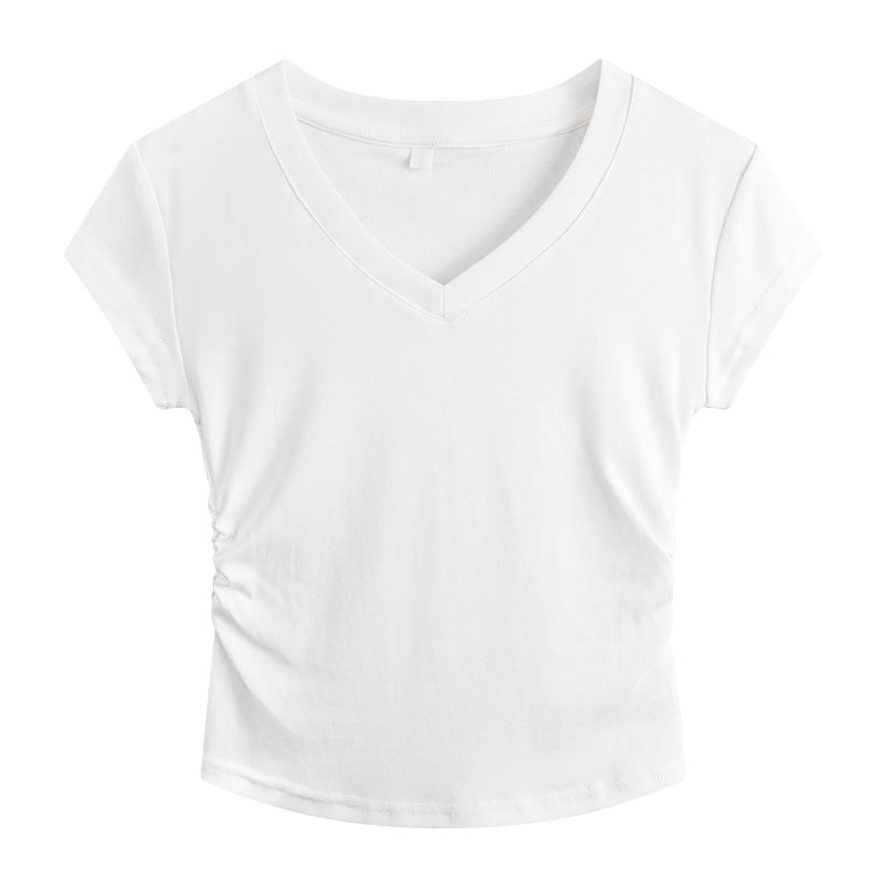White Slim Fit Ruched t Women's Summer T-shirt2024New design with a structured shoulder and waist-cinching effect for a slimming look V Collar Short Sleeve Top