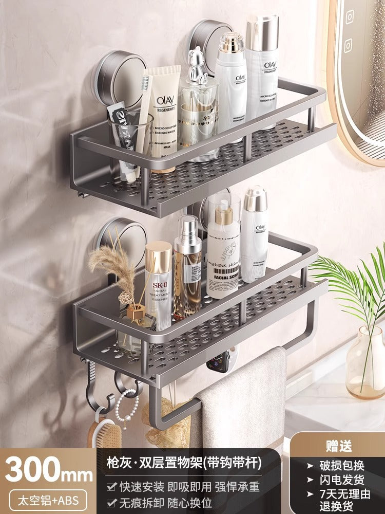 Space Aluminum Bathroom Suction Cup Storage Rack Wall-Mounted No-Drill Towel Rack Washstand Multifunctional Organizer