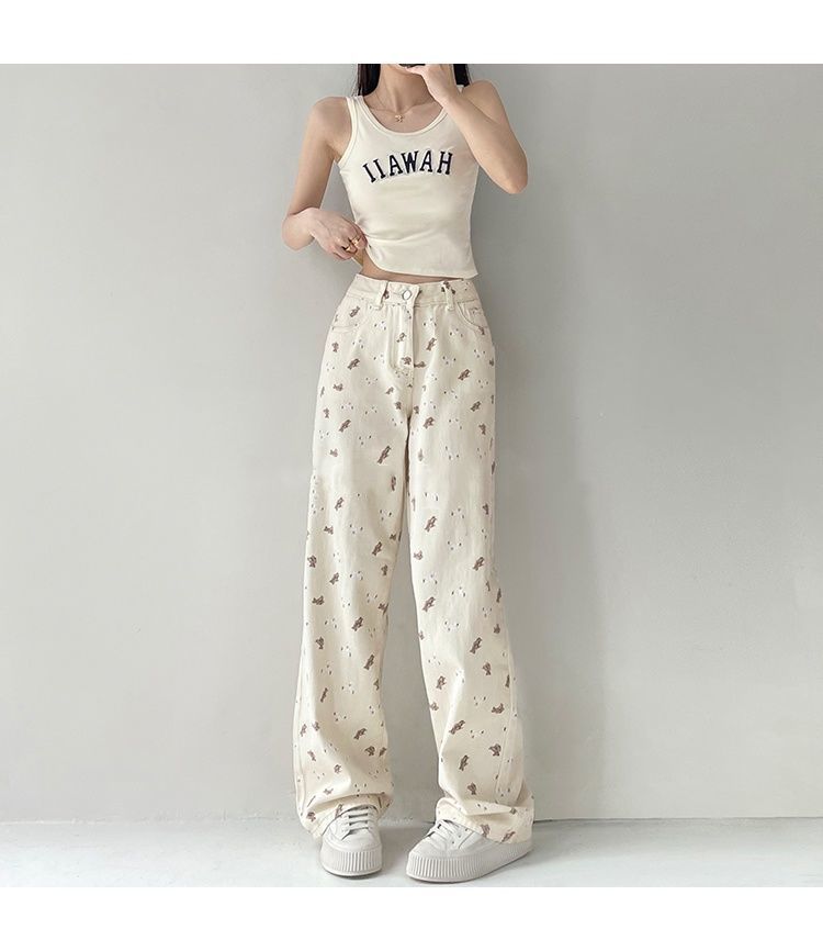 Yuejiaoer Original American Style Cartoon Bear Print Jeans for Women New Flared Loose Straight Wide-Leg Floor-Length Pants